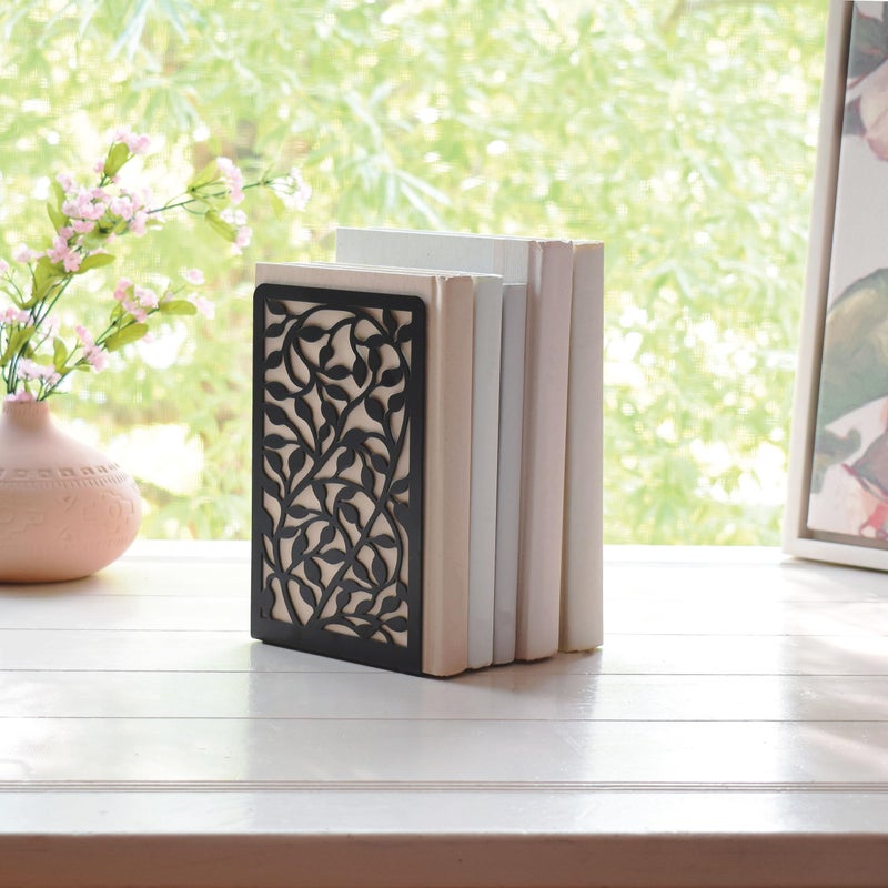CNK Book Ends for Shelves - Metal Holders for Home Office Heavy Books, Shelf Stoppers, Decorative Set of 2 Black Infinite Leaves Bookends - Image 3